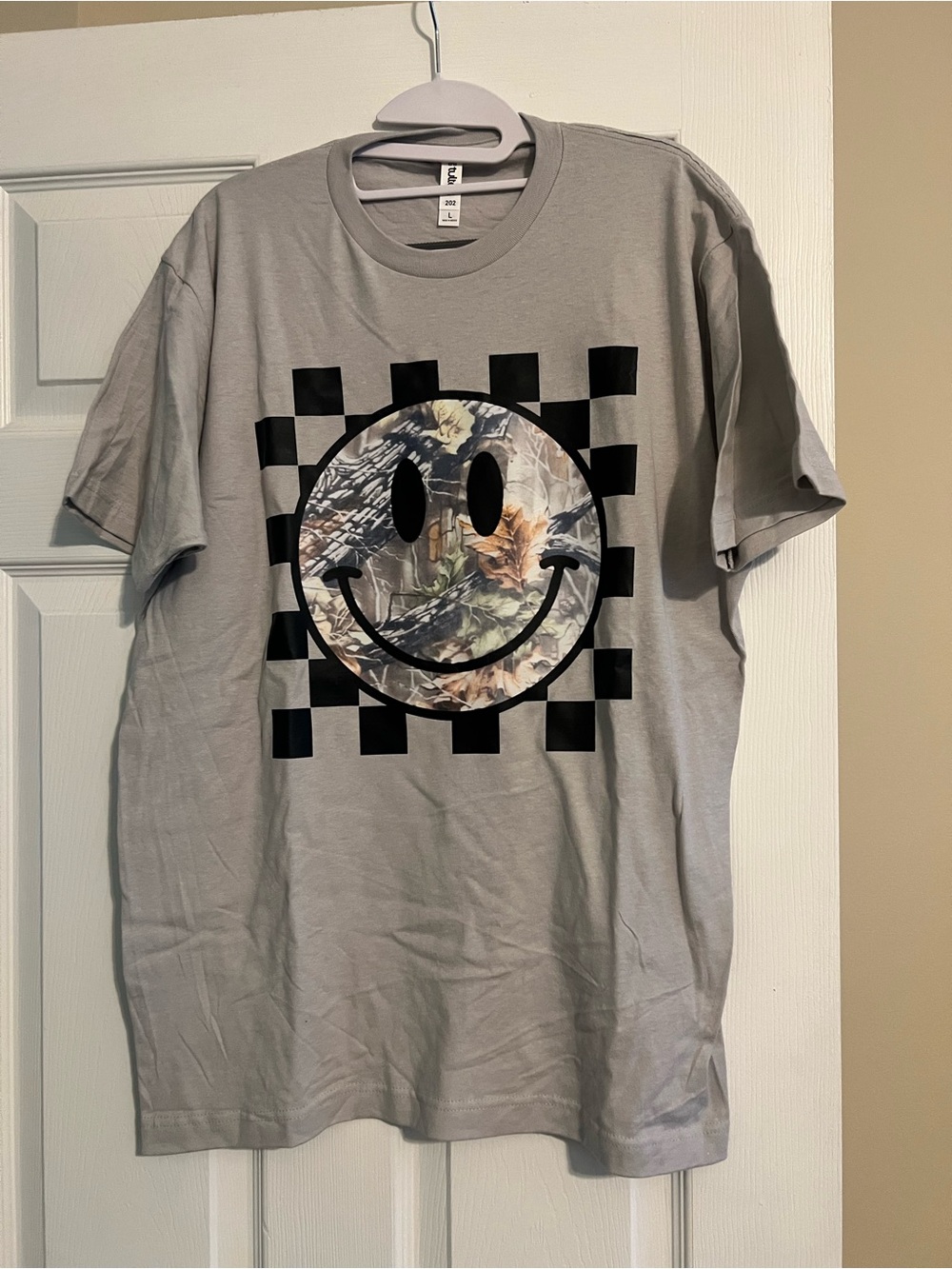Gray Graphic Smiley Tee with Camo Detail